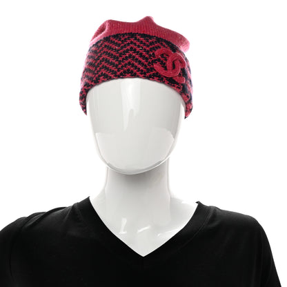 Chanel Cashmere Houndstooth CC Beanie Hat Pink Navy Blue 2 of 6