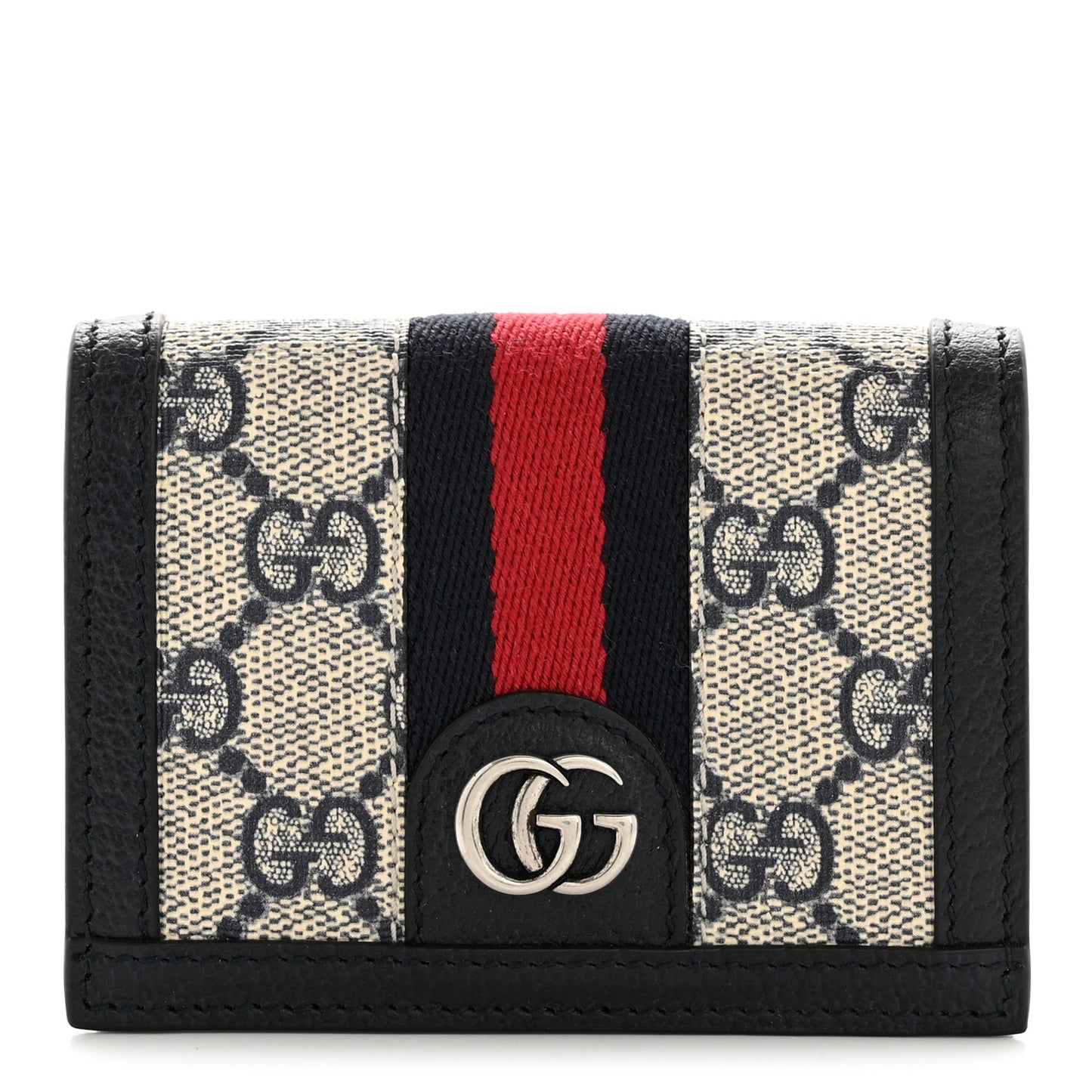 GG Supreme Monogram Textured Dollar Calfskin Web Ophidia Card Case Beige Blue