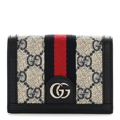 Gucci GG Supreme Monogram Textured Dollar Calfskin Web Ophidia Card Case Beige Blue 1 of 9