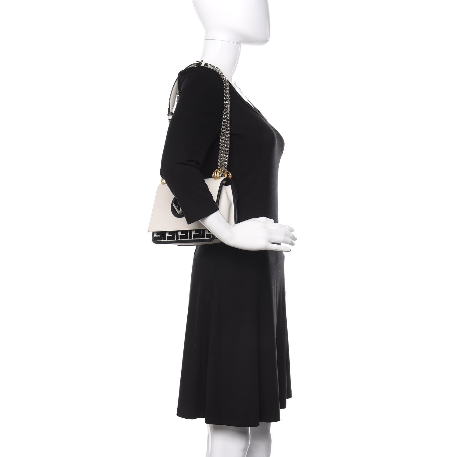 Fendi Vitello Century Velvet F is Fendi FF Embroidered Small Kan I Shoulder Bag White Black 3 of 12