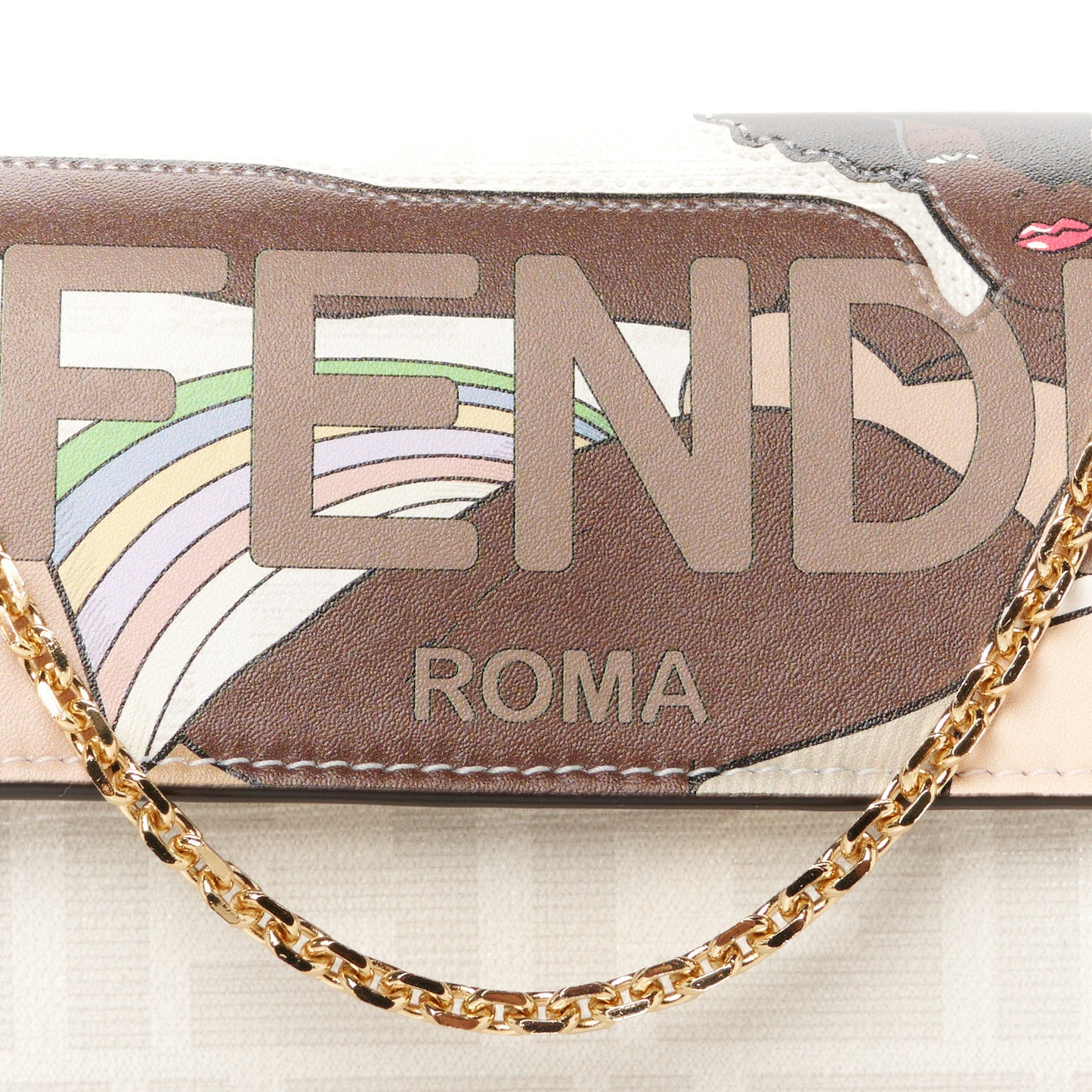 Glazed Fabric Vitello Liberty FF Logo Bikini Girls Inlay Continental Wallet On Chain Bianco Perla Multicolor