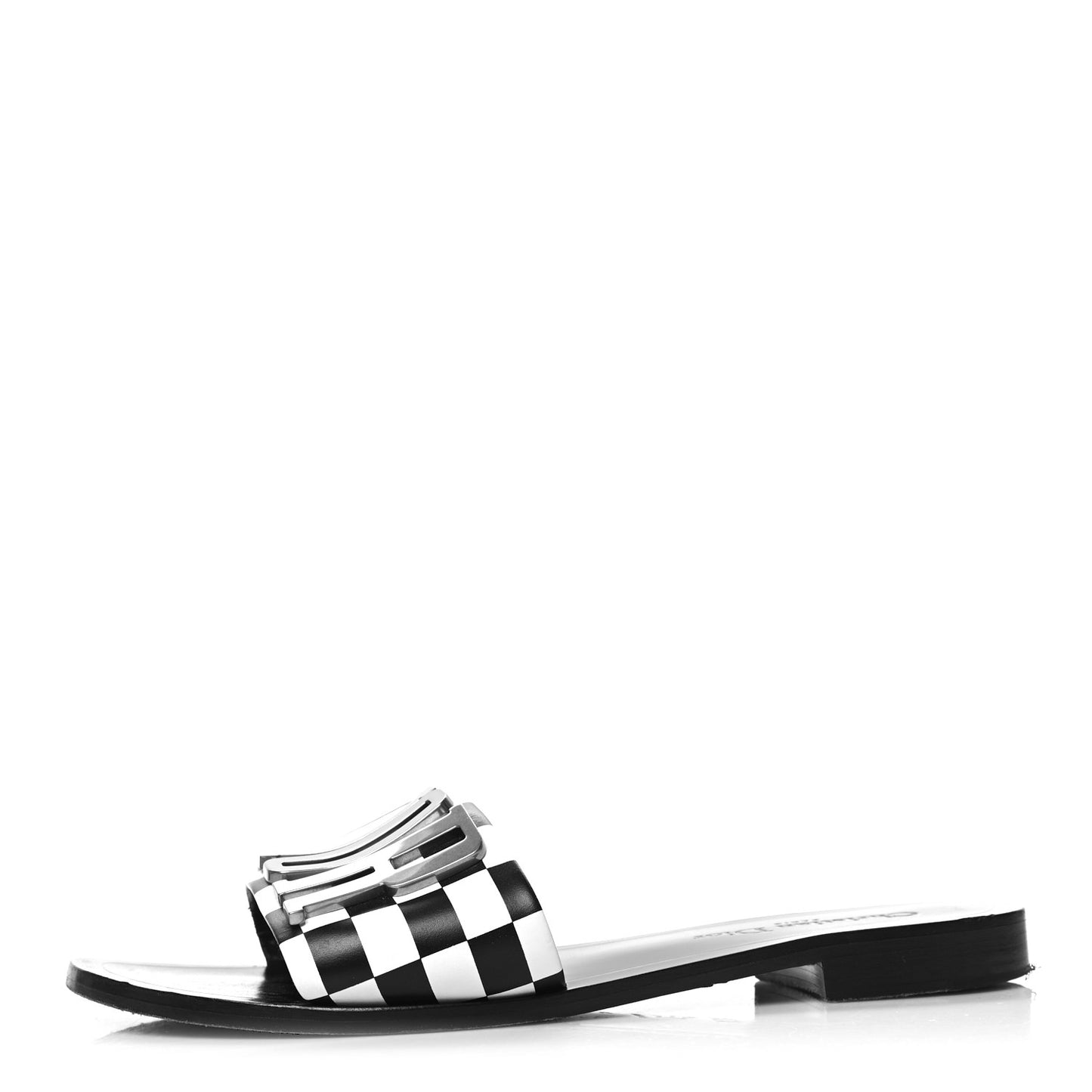 Calfskin Checkered Evolution Slide Sandals 39 Black White