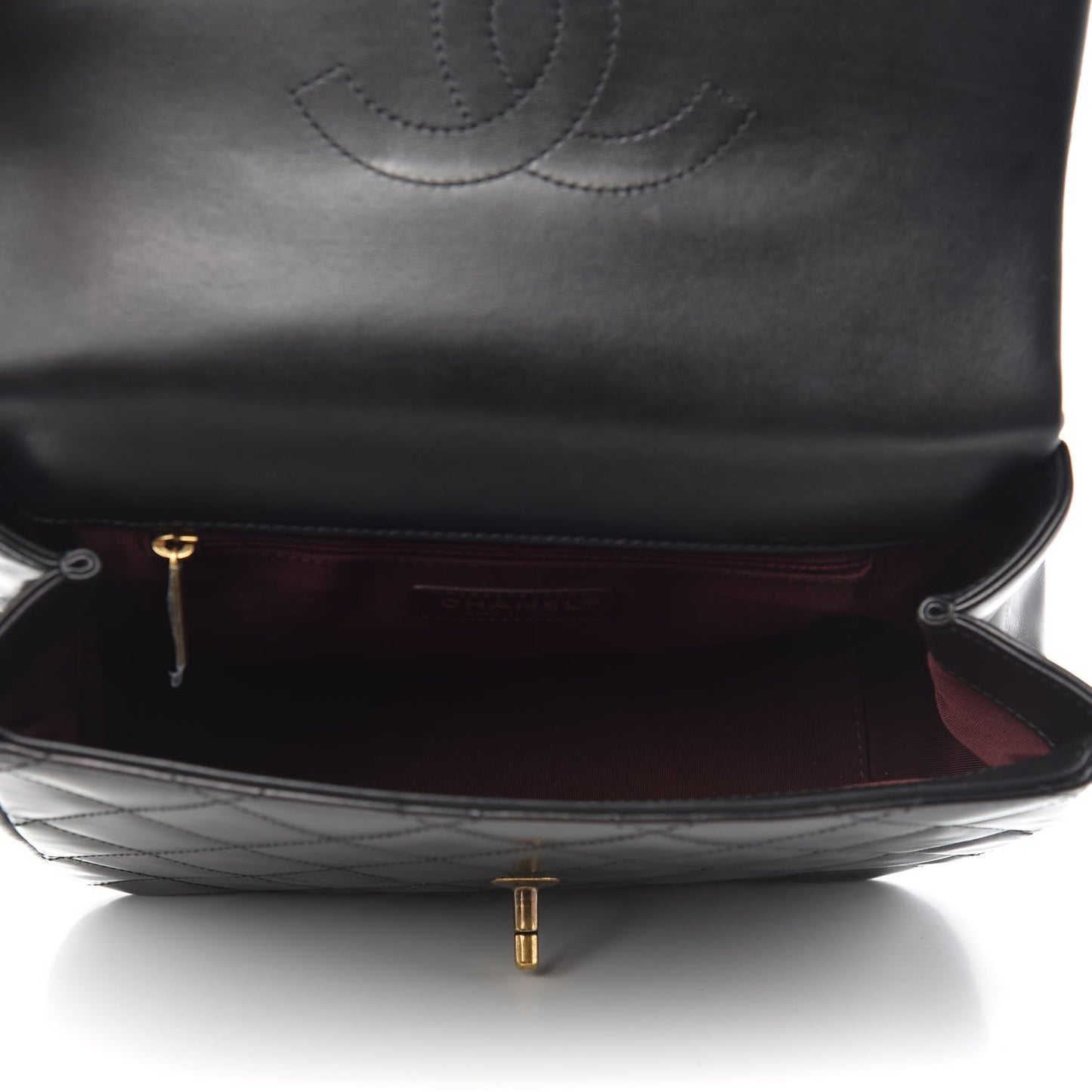 Glazed Calfskin Quilted Medium Gold Bar Top Handle Flap Black