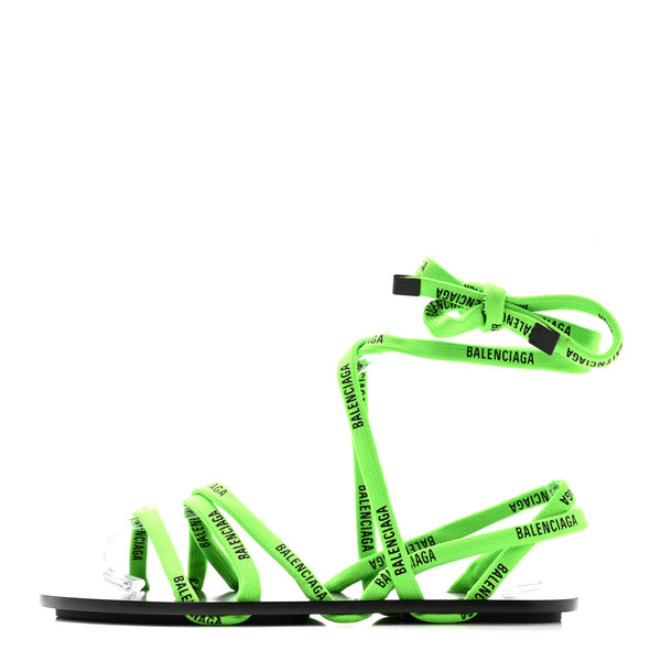 Balenciaga Nylon Calfskin Logo Lace Flat Sandals 37 Neon Green