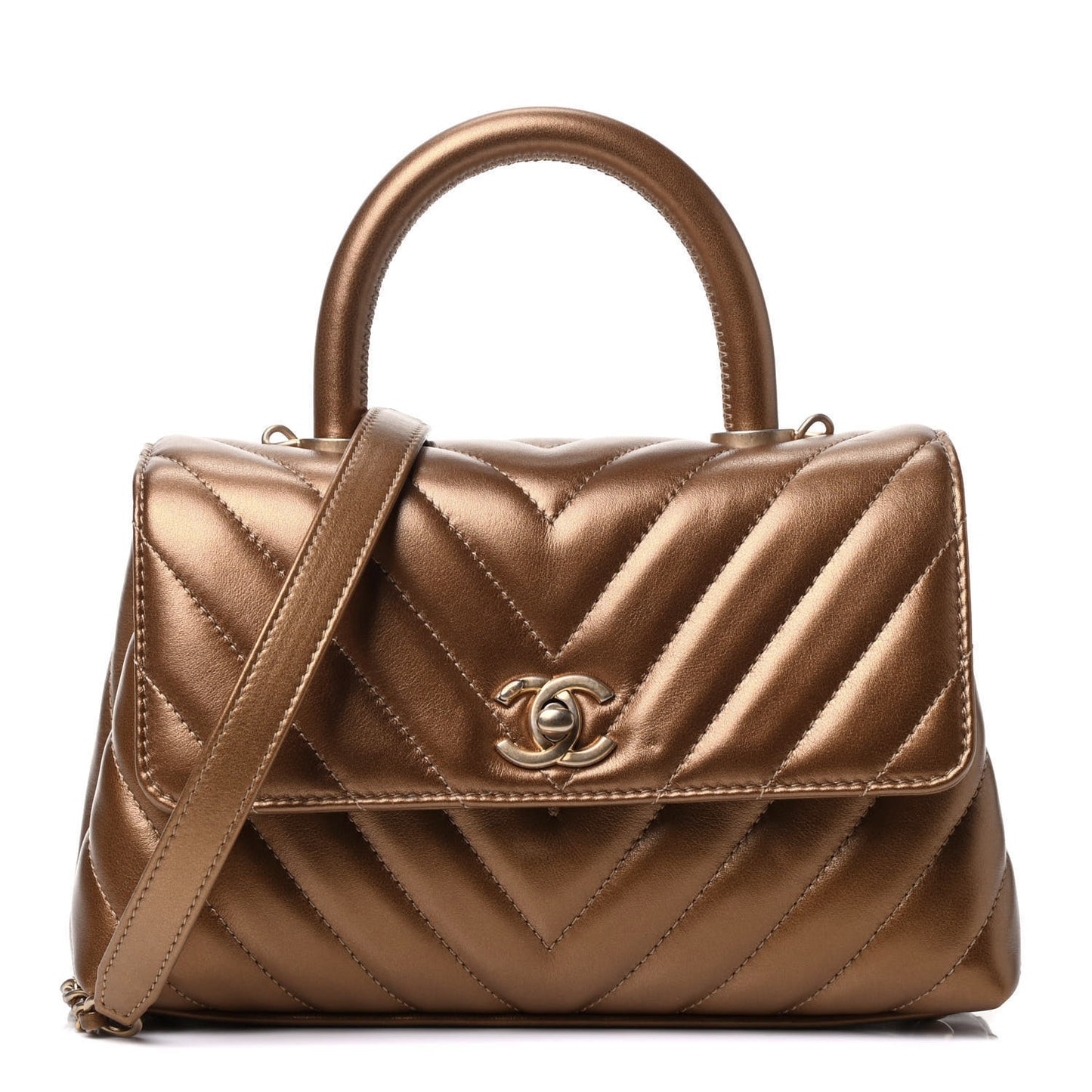 Metallic Calfskin Chevron Quilted Mini Coco Handle Flap Gold
