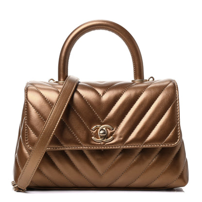 Chanel Metallic Calfskin Chevron Quilted Mini Coco Handle Flap Gold 1 of 4