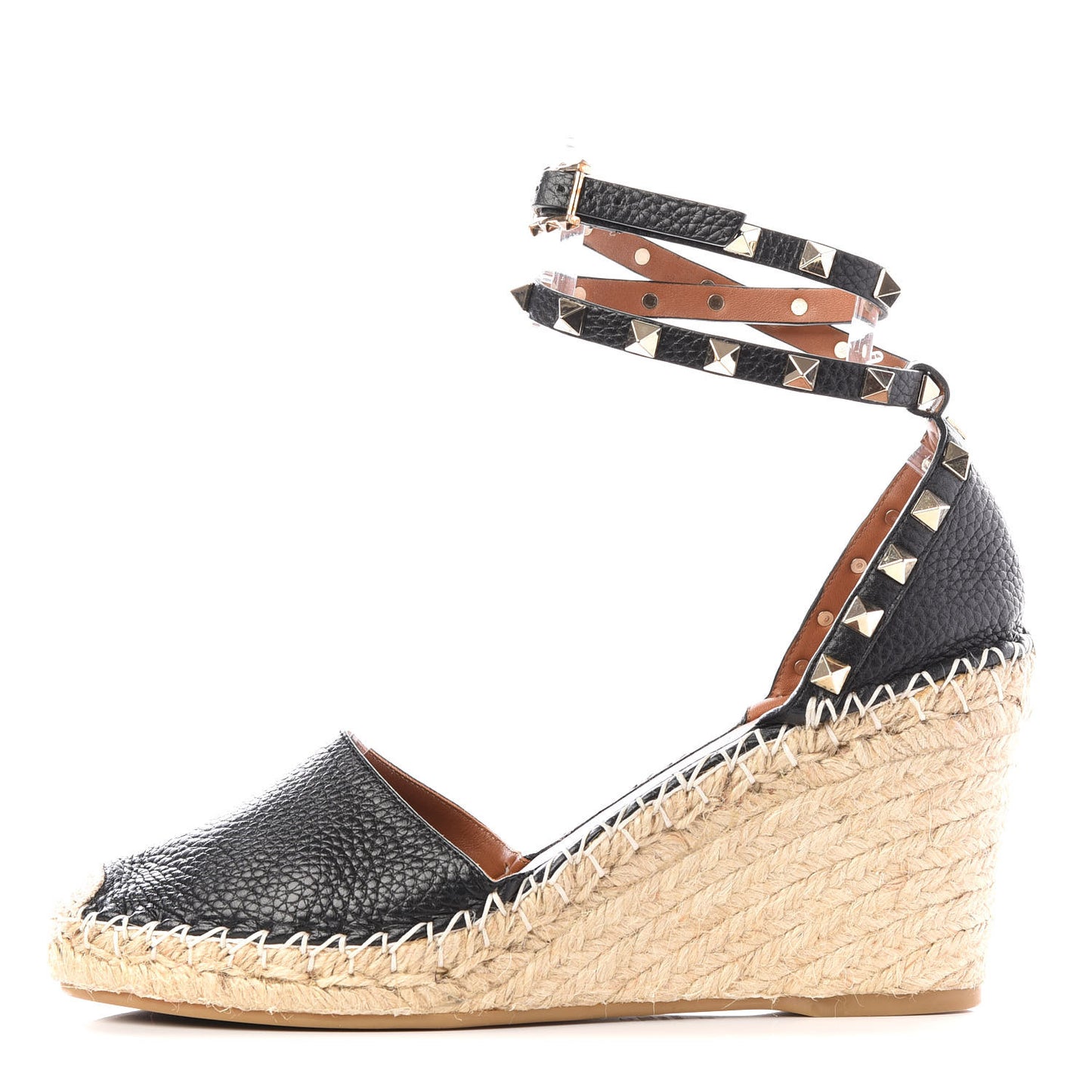Grained Calfskin Rockstud Ankle Wrap Espadrille 15/85mm Wedges 39 Black Light Cuir