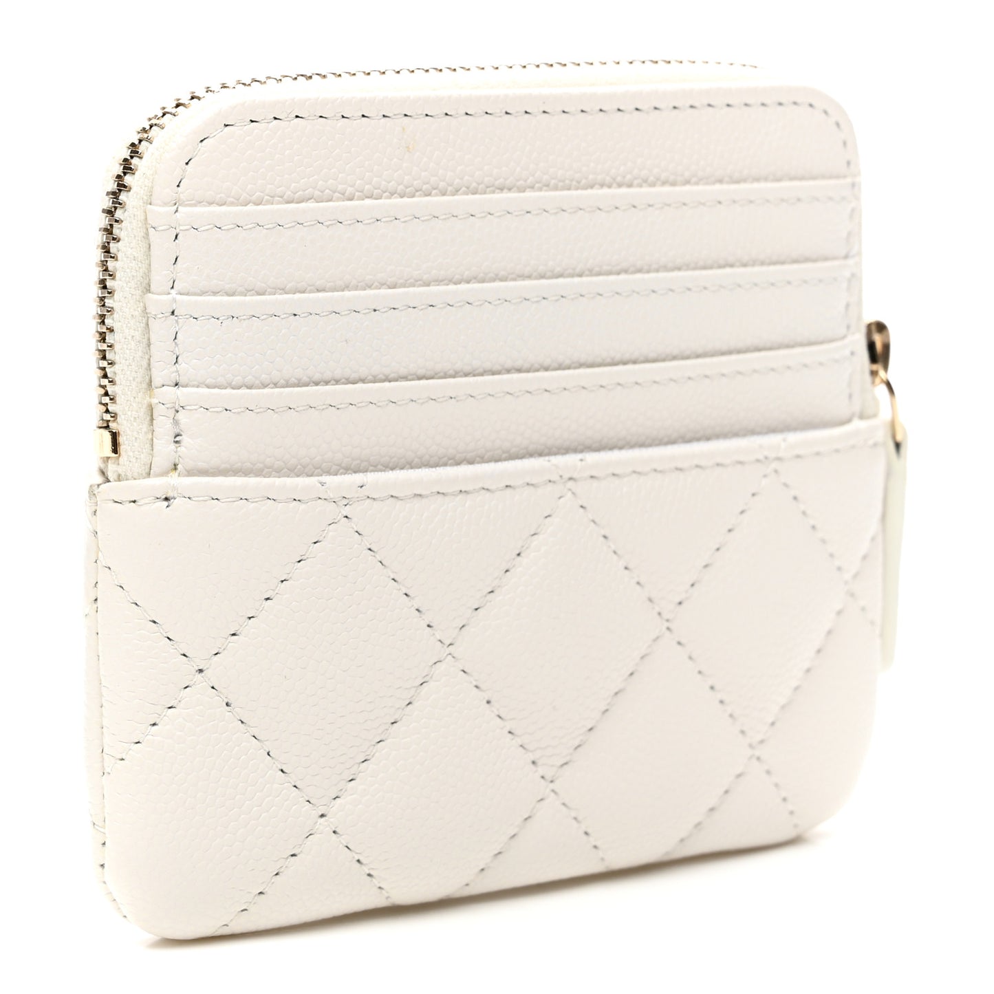 Caviar Quilted Crystal Zip Card Holder Wallet White