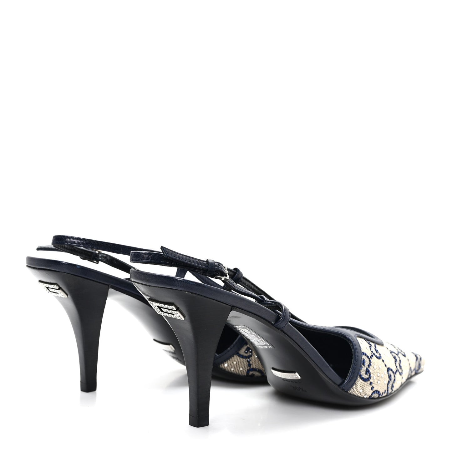GG Monogram Malaga Kid Crystal Square G 75mm Slingback Pumps 38.5 Beige Blue