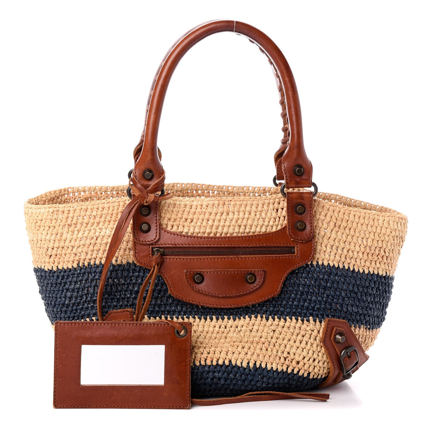 Raffia Calfskin Panier Basket Tote Black Natural