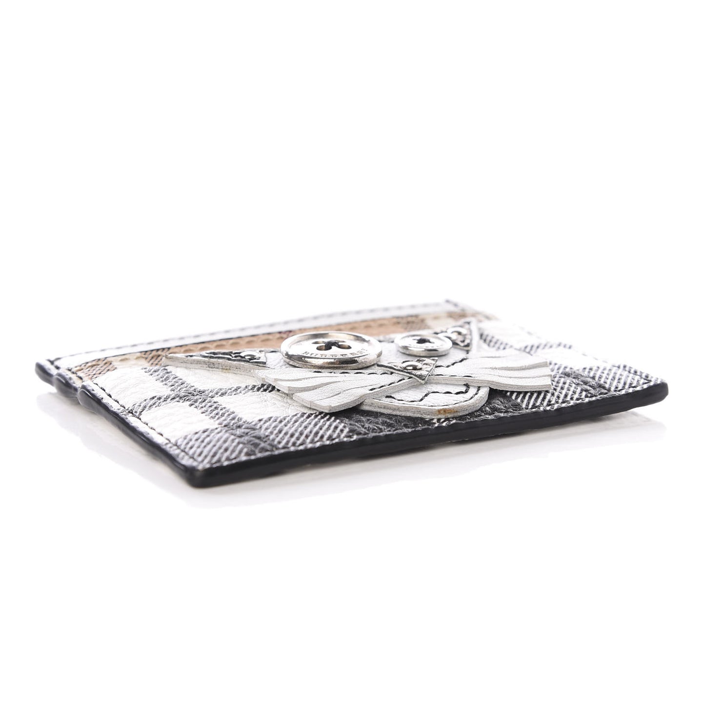 Calfskin Haymarket Check Cat Applique Card Case Black White