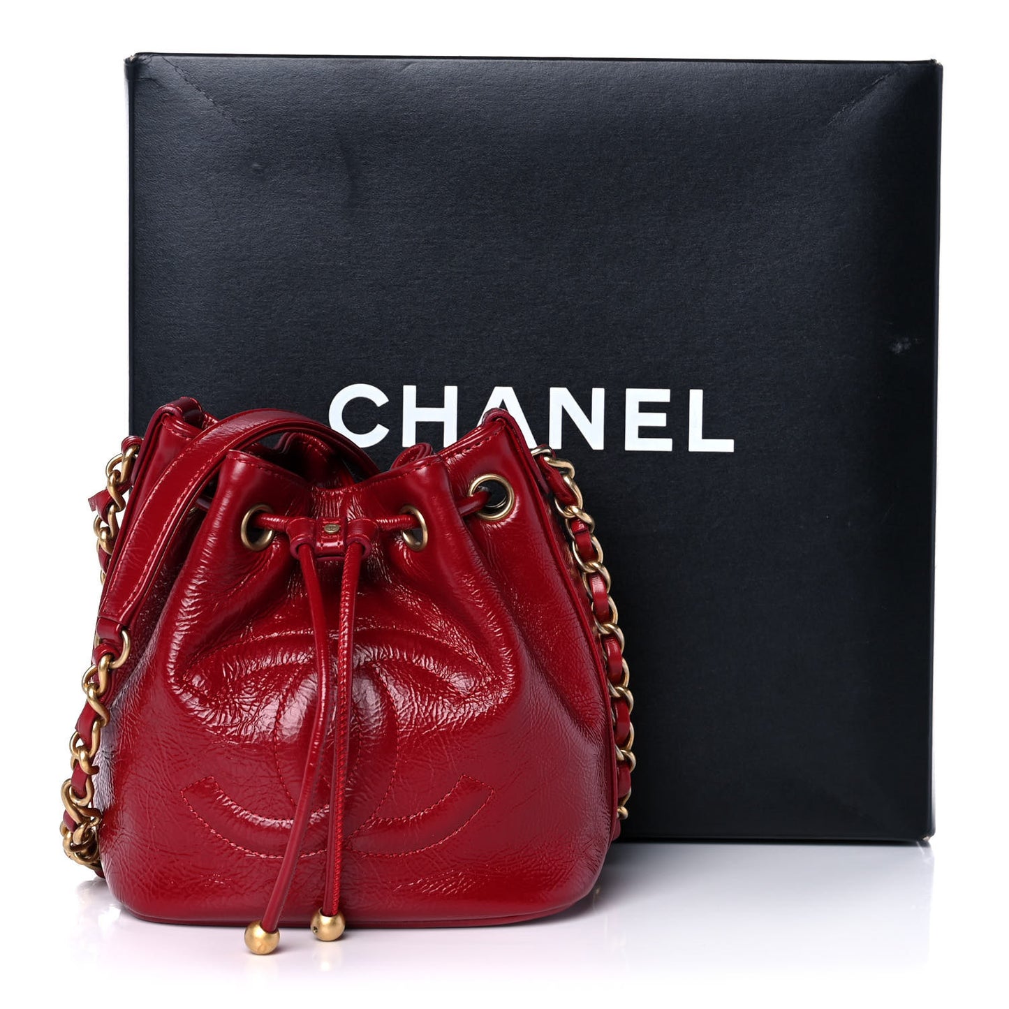 Shiny Aged Calfskin CC Chain Mini Drawstring Bag Red