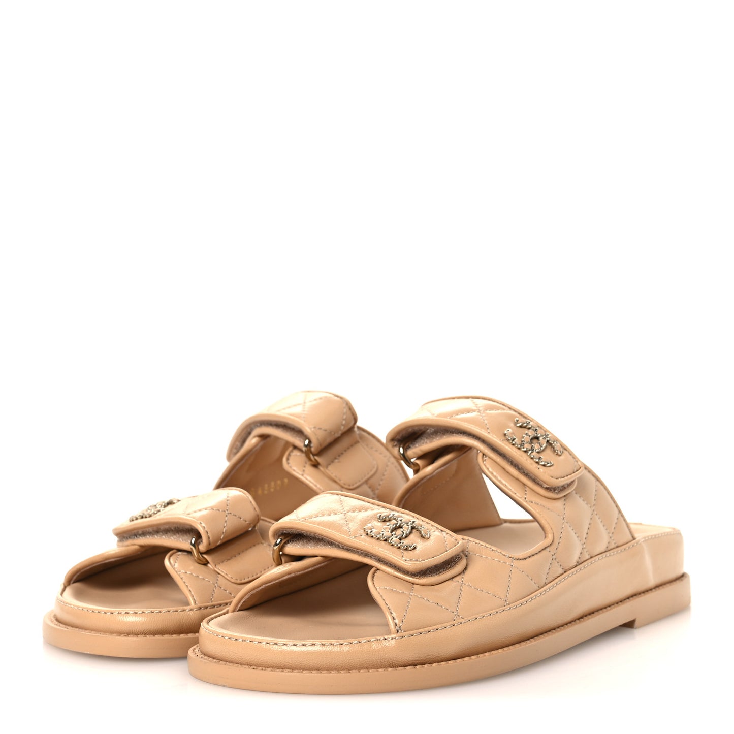 Lambskin Quilted Velcro Dad Chain CC Slide Sandals 37 Beige