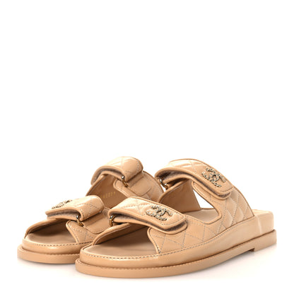 Chanel Lambskin Quilted Velcro Dad Chain CC Slide Sandals 37 Beige 4 of 11