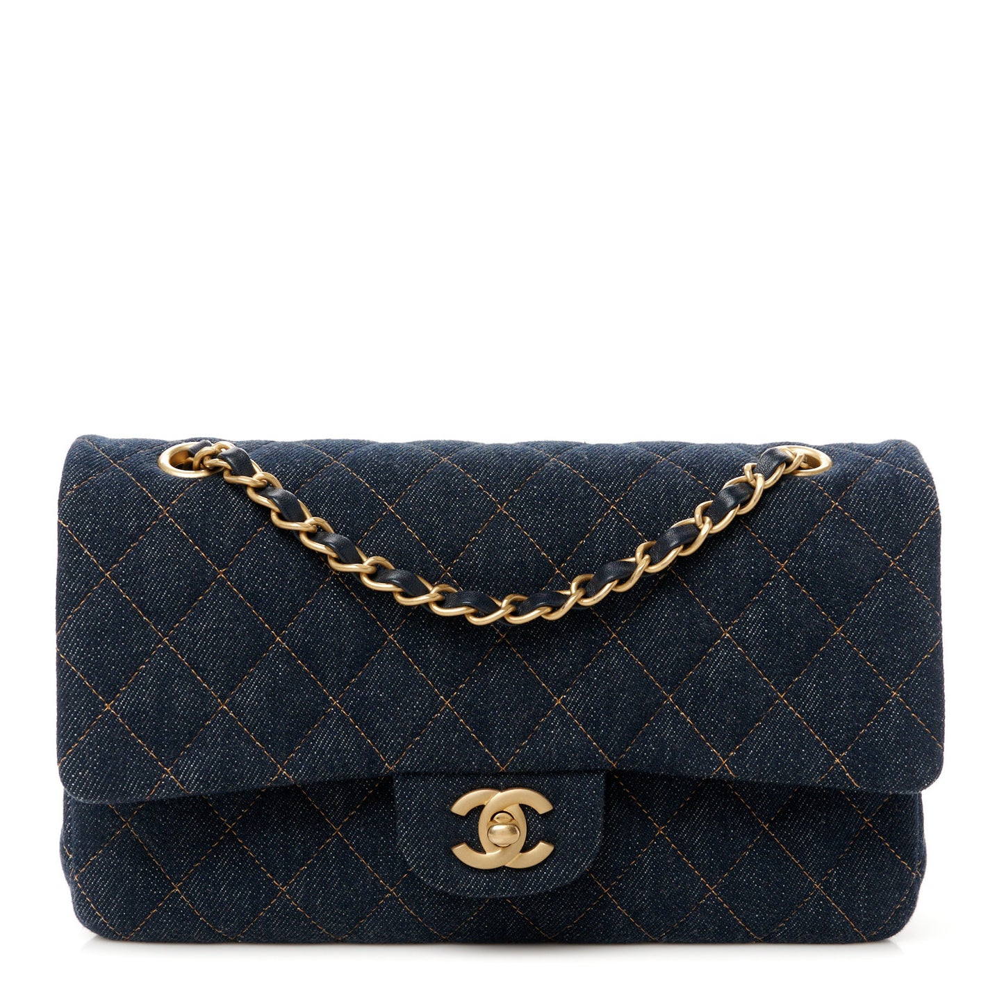 Denim Quilted Medium Double Flap Dark Blue