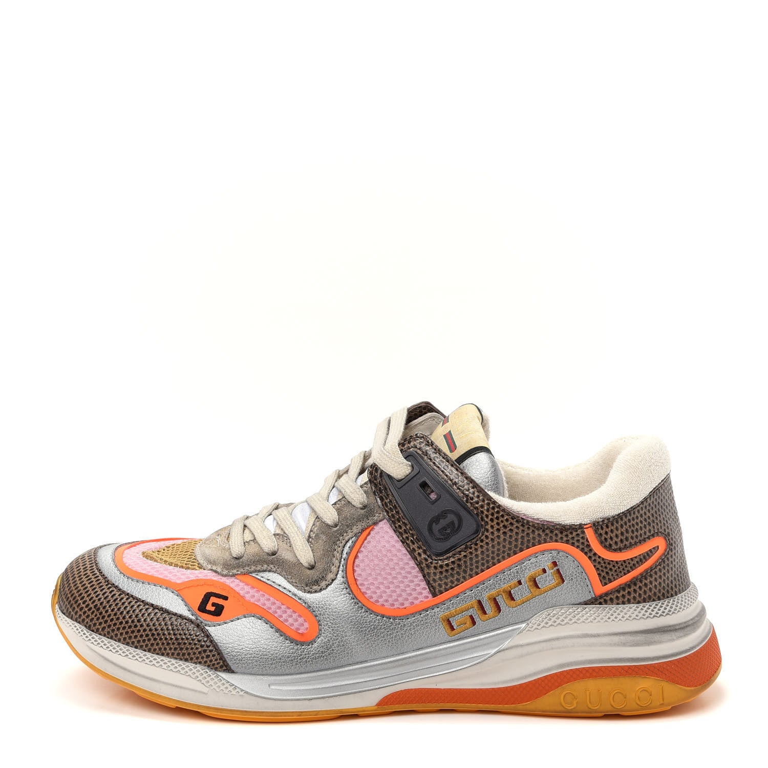 Gucci Calfskin Suede Mesh Lizard Embossed Womens Ultrapace Sneakers 40 Silver Anthracite Neon Orange 1 of 10