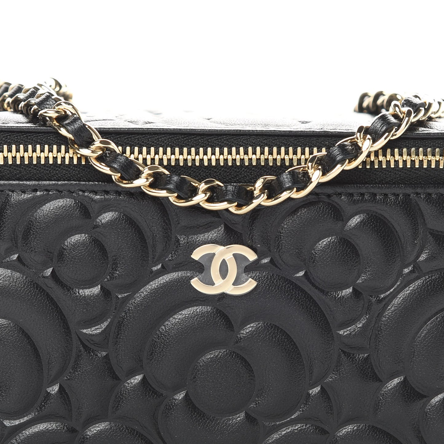 Lambskin Camellia Embossed Small Vanity Case With Chain Black