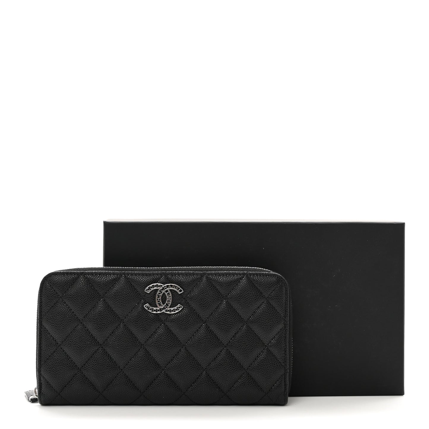 Caviar Quilted CC Logo Long Zipped Wallet Black