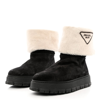 Prada Suede Shearling Logo Ankle Boots 39.5 Black 3 of 10