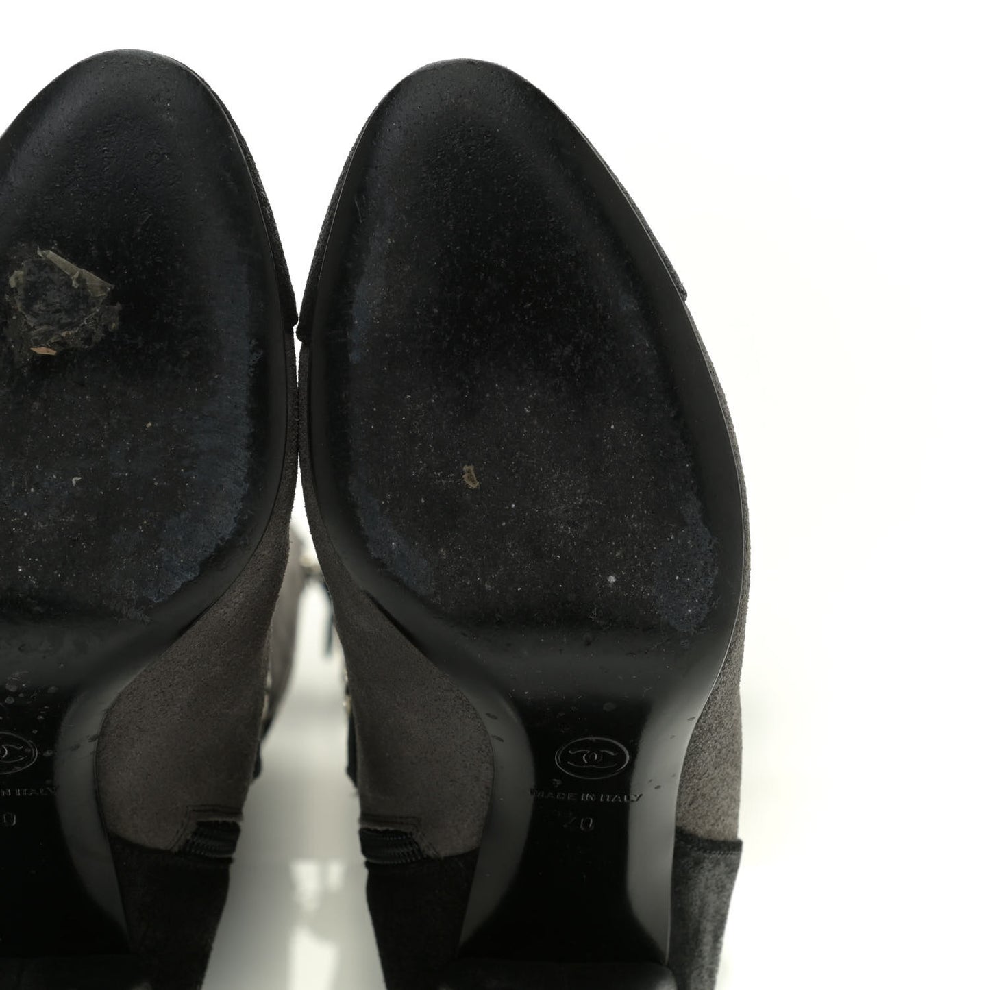 Suede Calfskin CC Cap Toe Knee High Boots 40 Black Grey