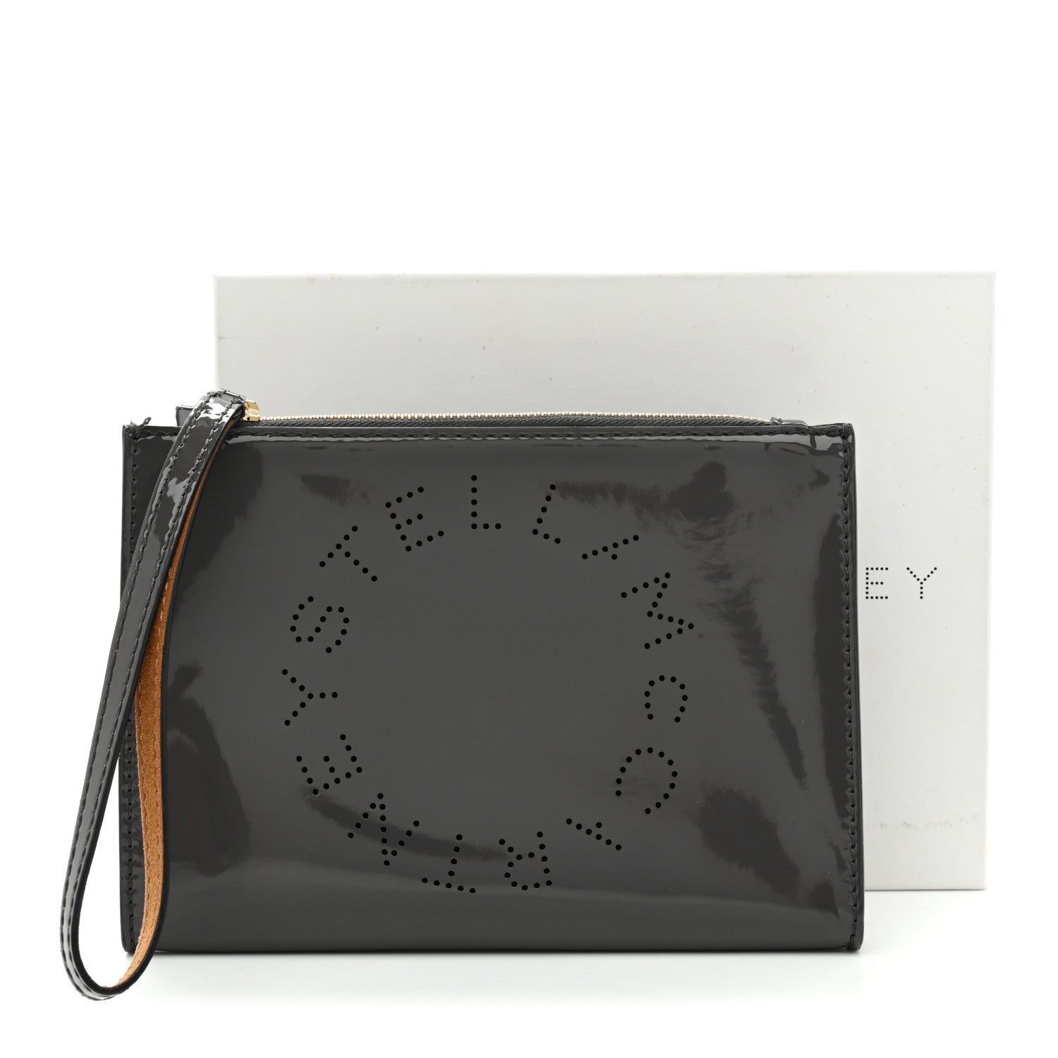 Stella McCartney Patent Faux Leather Perforated Logo Pouch Caviar
