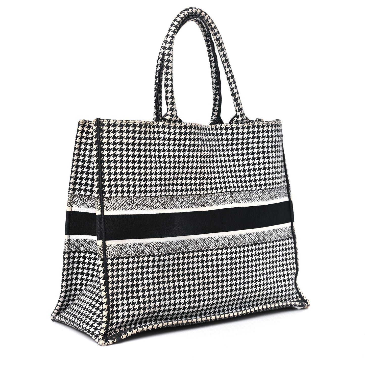 Canvas Houndstooth Embroidered Large Book Tote Black White