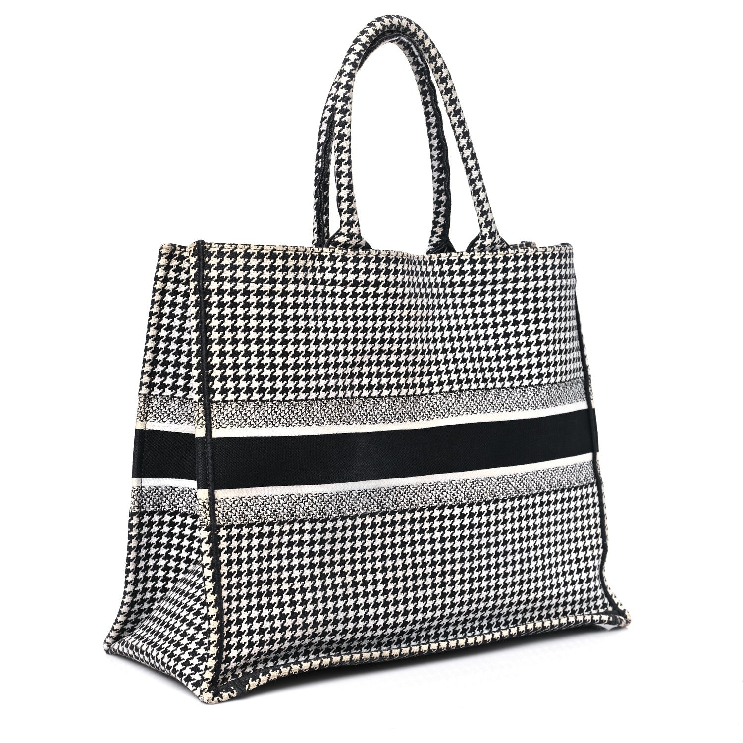 Christian Dior Canvas Houndstooth Embroidered Large Book Tote Black White 2 of 16