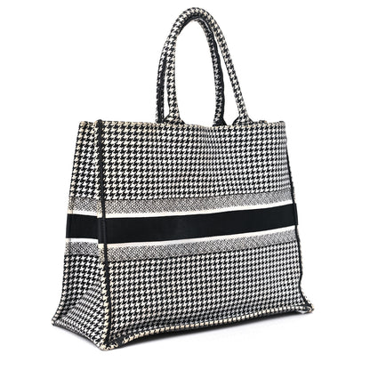 Christian Dior Canvas Houndstooth Embroidered Large Book Tote Black White 2 of 16