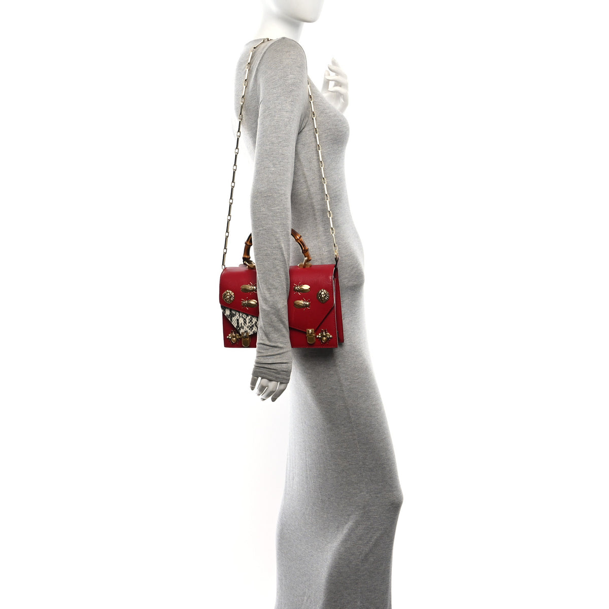 Gucci Calfskin Snakeskin Studded Small Ottilia Top Handle Bag Hibiscus Red 2 of 10