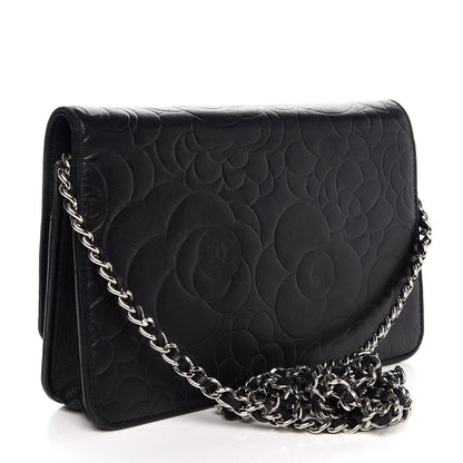 Chanel Lambskin Camellia Embossed Wallet On Chain WOC Black 3 of 9