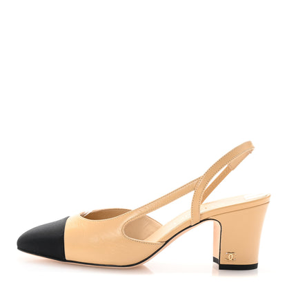 Chanel Lambskin Grosgrain Cap Toe CC Slingback Pumps 37.5 Beige Black 1 of 10