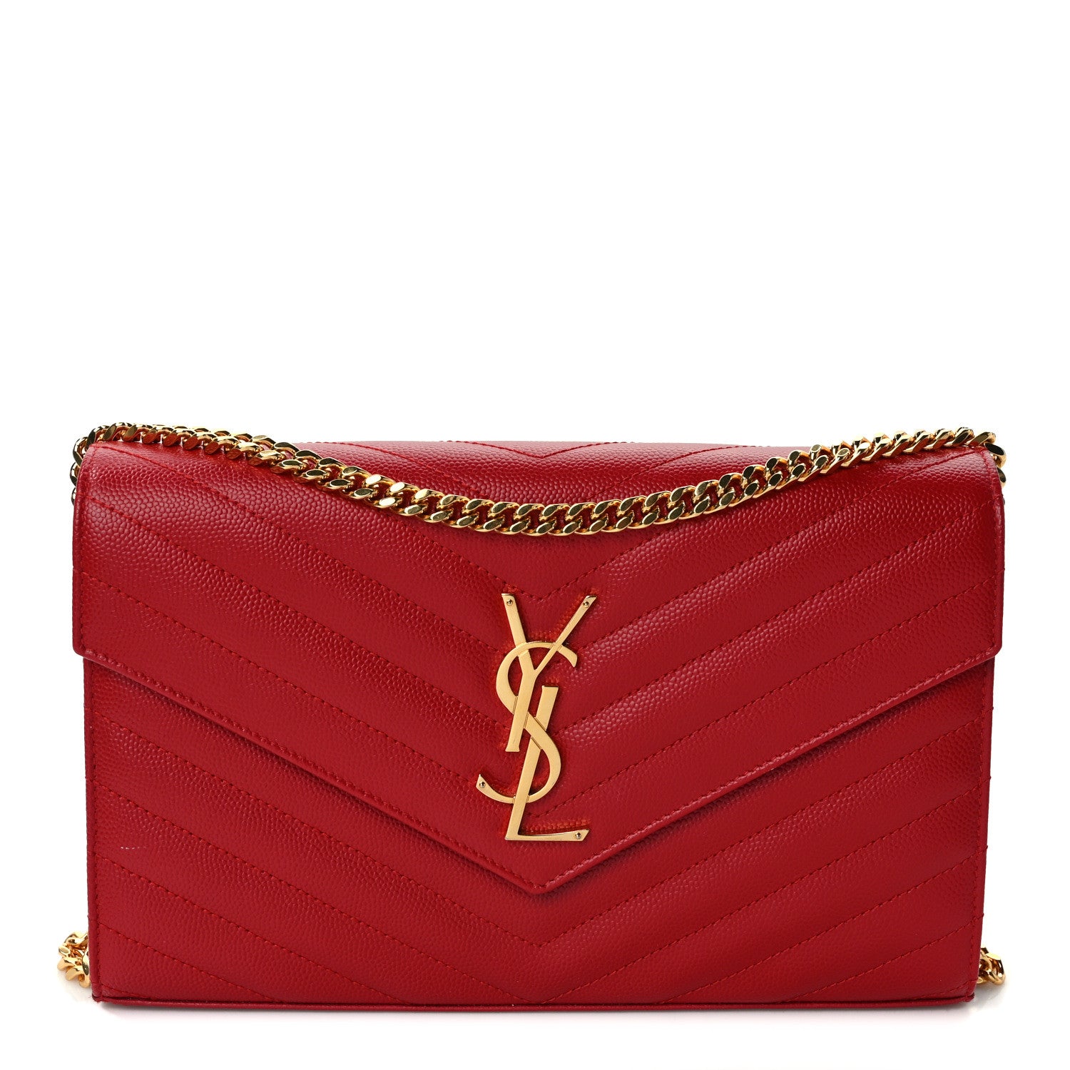 Saint Laurent Grain De Poudre Matelasse Chevron Monogram Chain Wallet Red 1 of 9