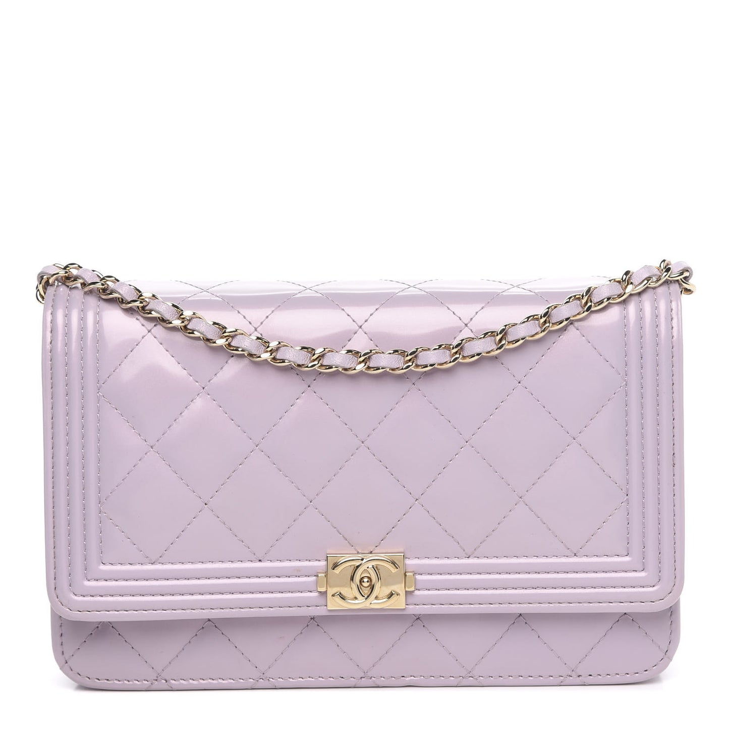 Patent Calfskin Quilted Boy Wallet On Chain WOC Purple