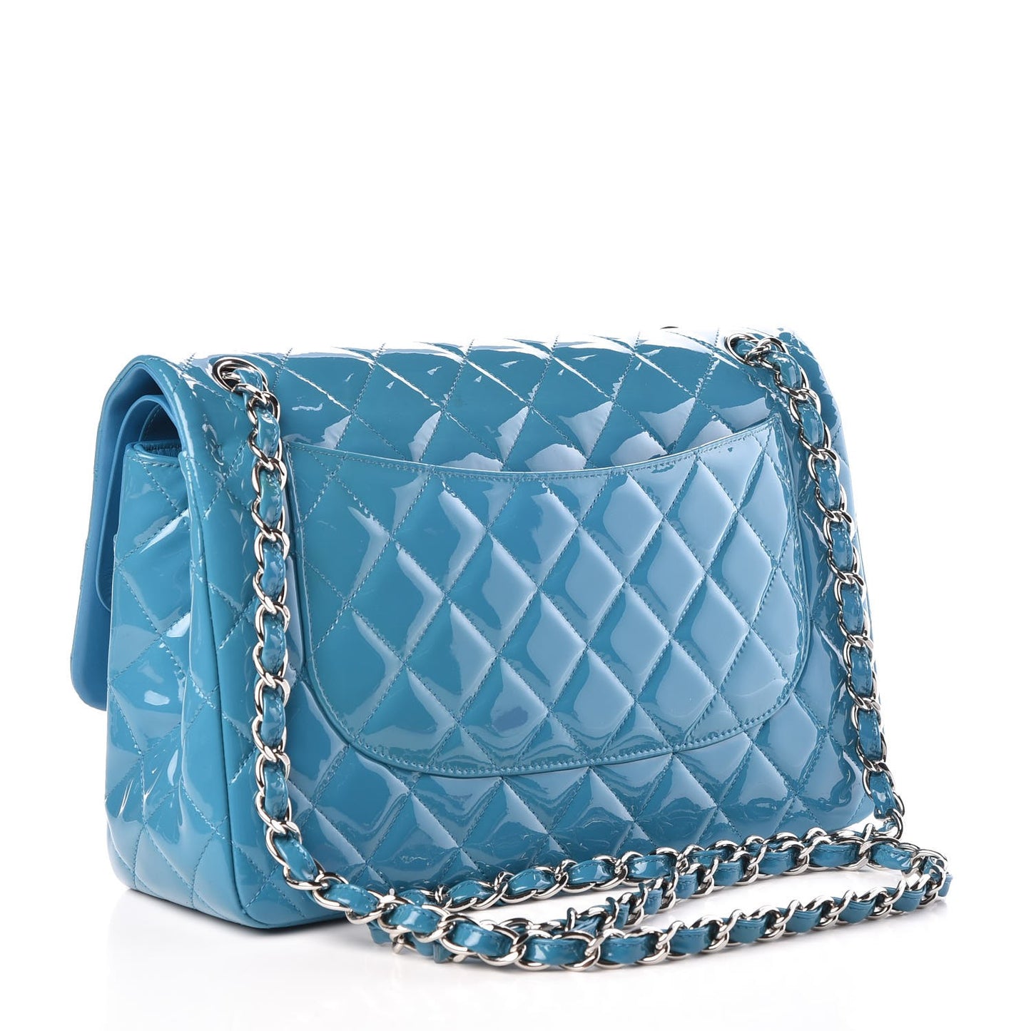 Patent Calfskin Quilted Jumbo Double Flap Turquoise