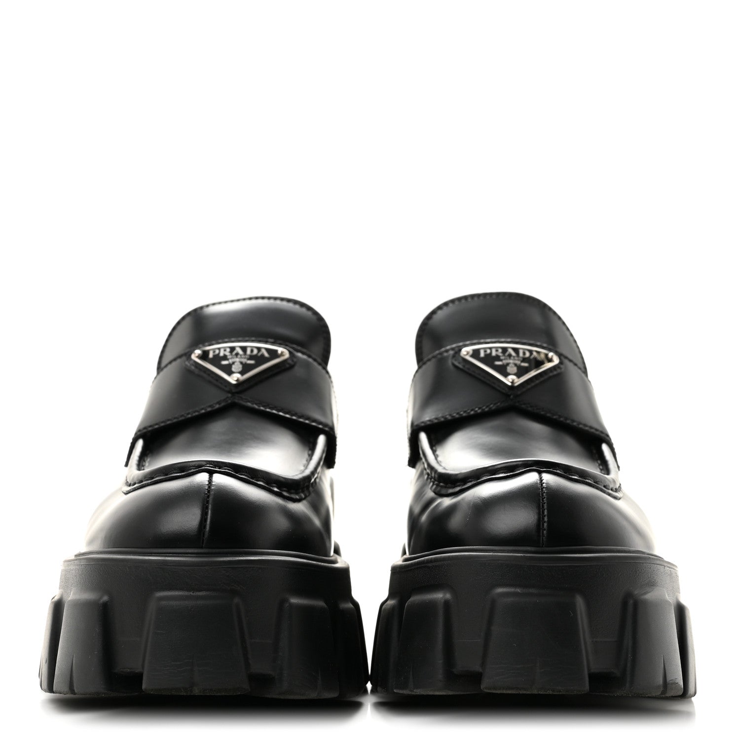 Prada Spazzolato Rois Metal Triangle Logo Monolith 55mm Loafers 39 Black 3 of 10