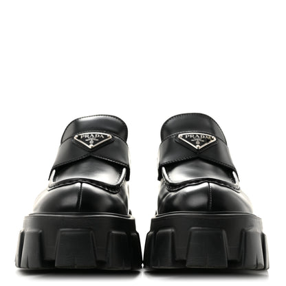Prada Spazzolato Rois Metal Triangle Logo Monolith 55mm Loafers 39 Black 3 of 10