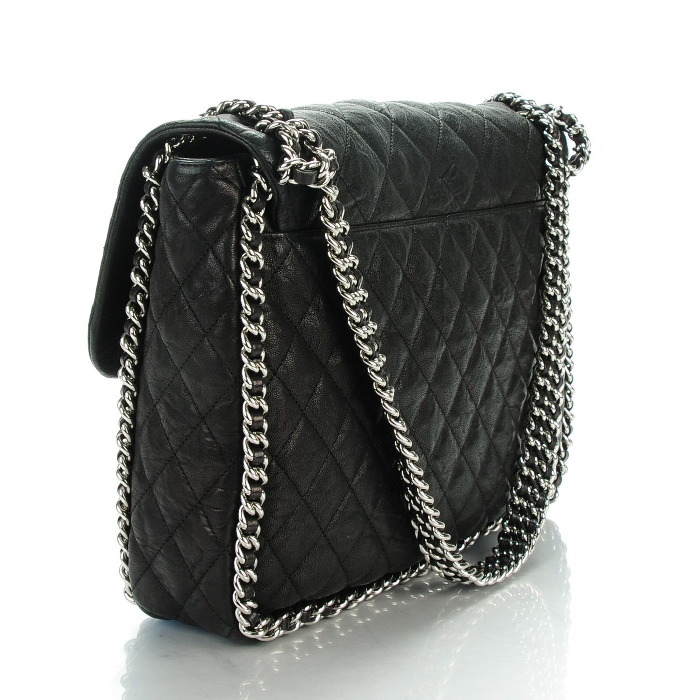 Crumpled Lambskin Quilted Maxi Chain Around Flap Black