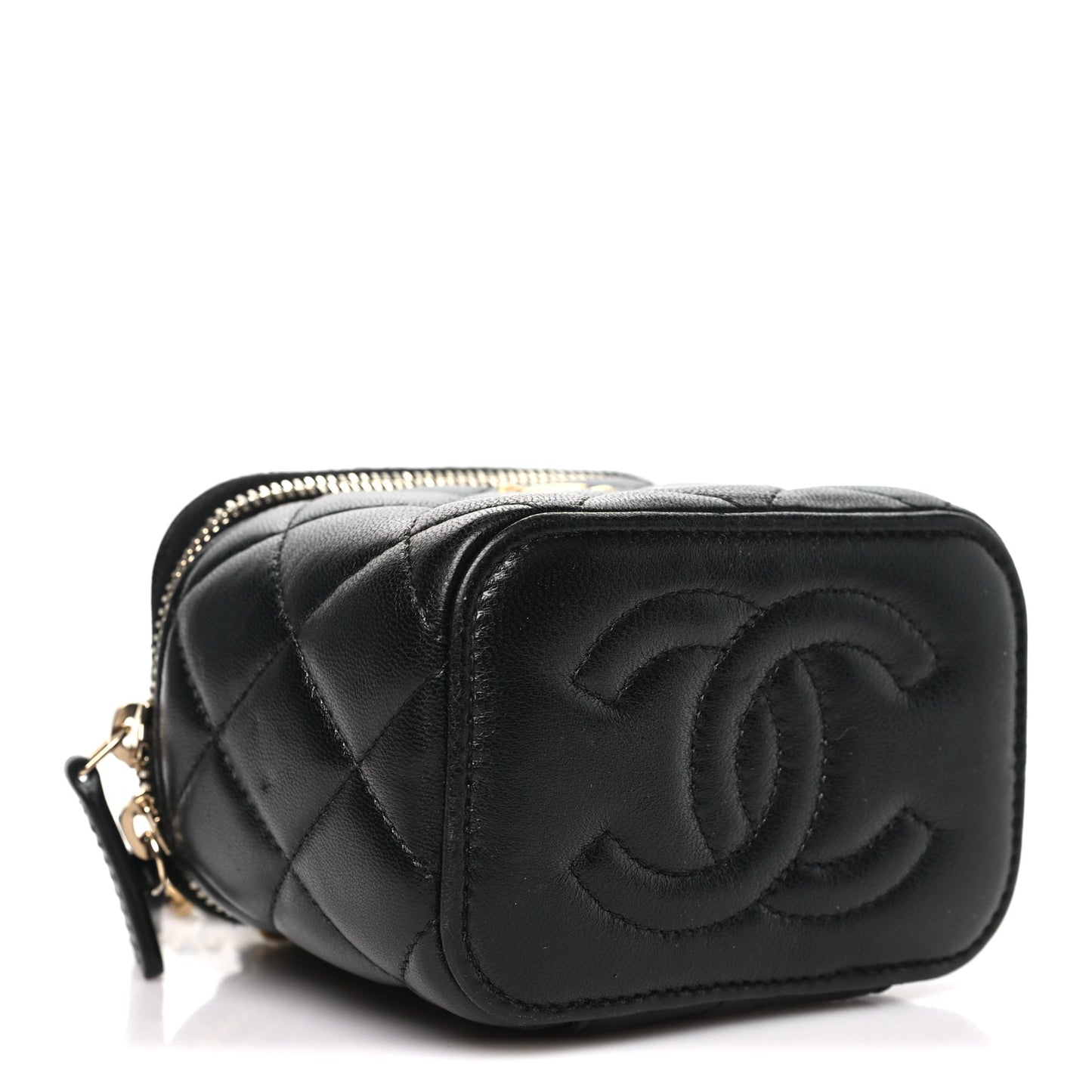 Lambskin Quilted Mini Pearl Crush Vanity Case With Chain Black