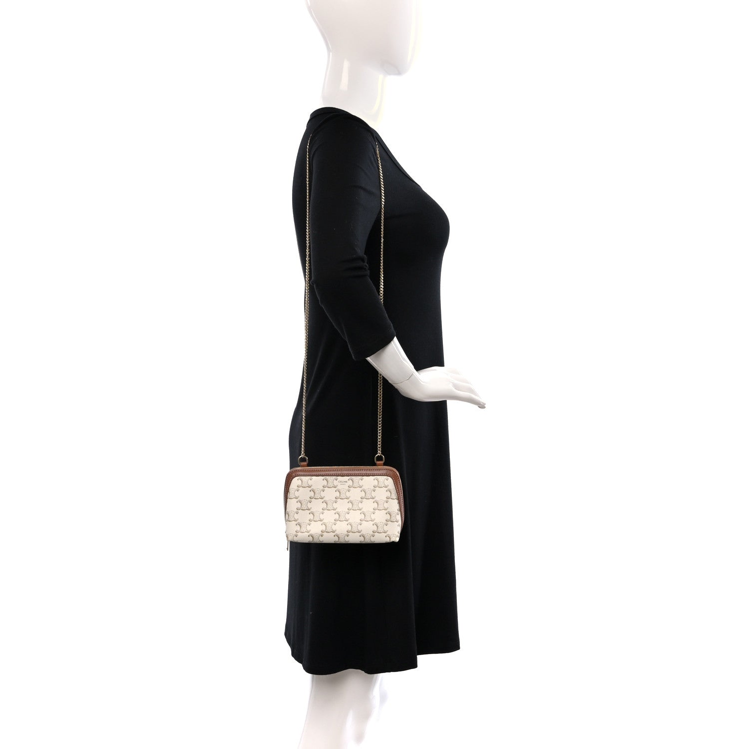 Celine Lambskin Triomphe Canvas Clutch With Chain White Tan 2 of 8