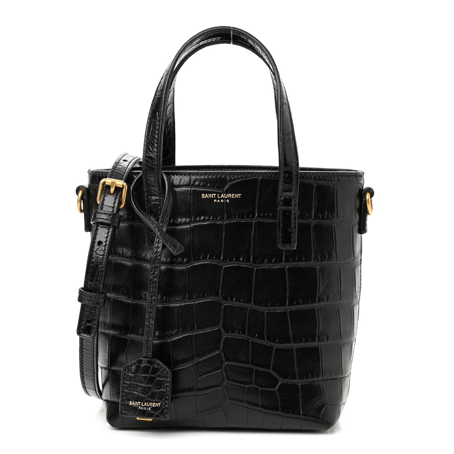 Calfskin Crocodile Embossed Paris Mini Toy Shopper Tote Black