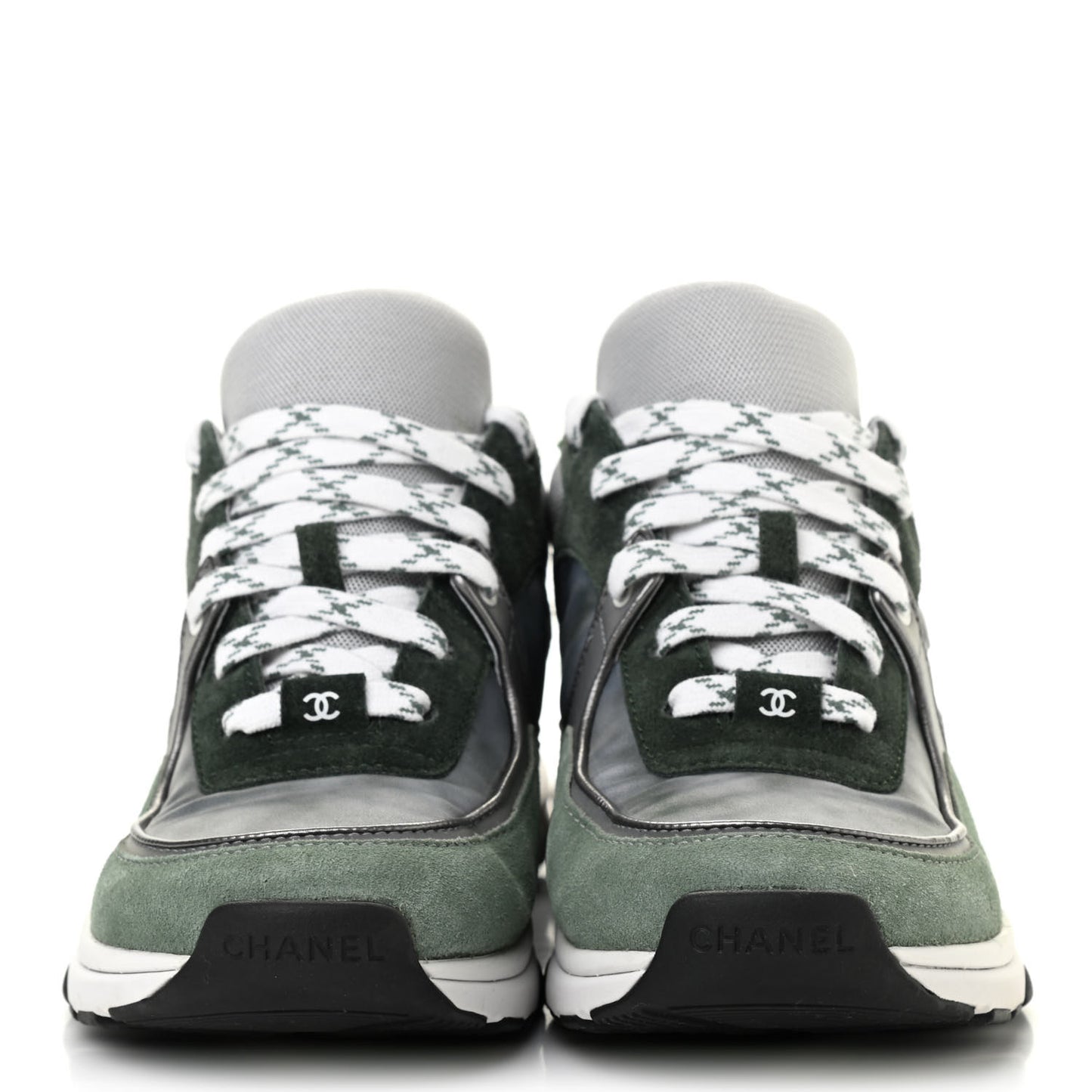 Nylon Lambskin Suede Calfskin CC Sneakers 38.5 Green Grey White