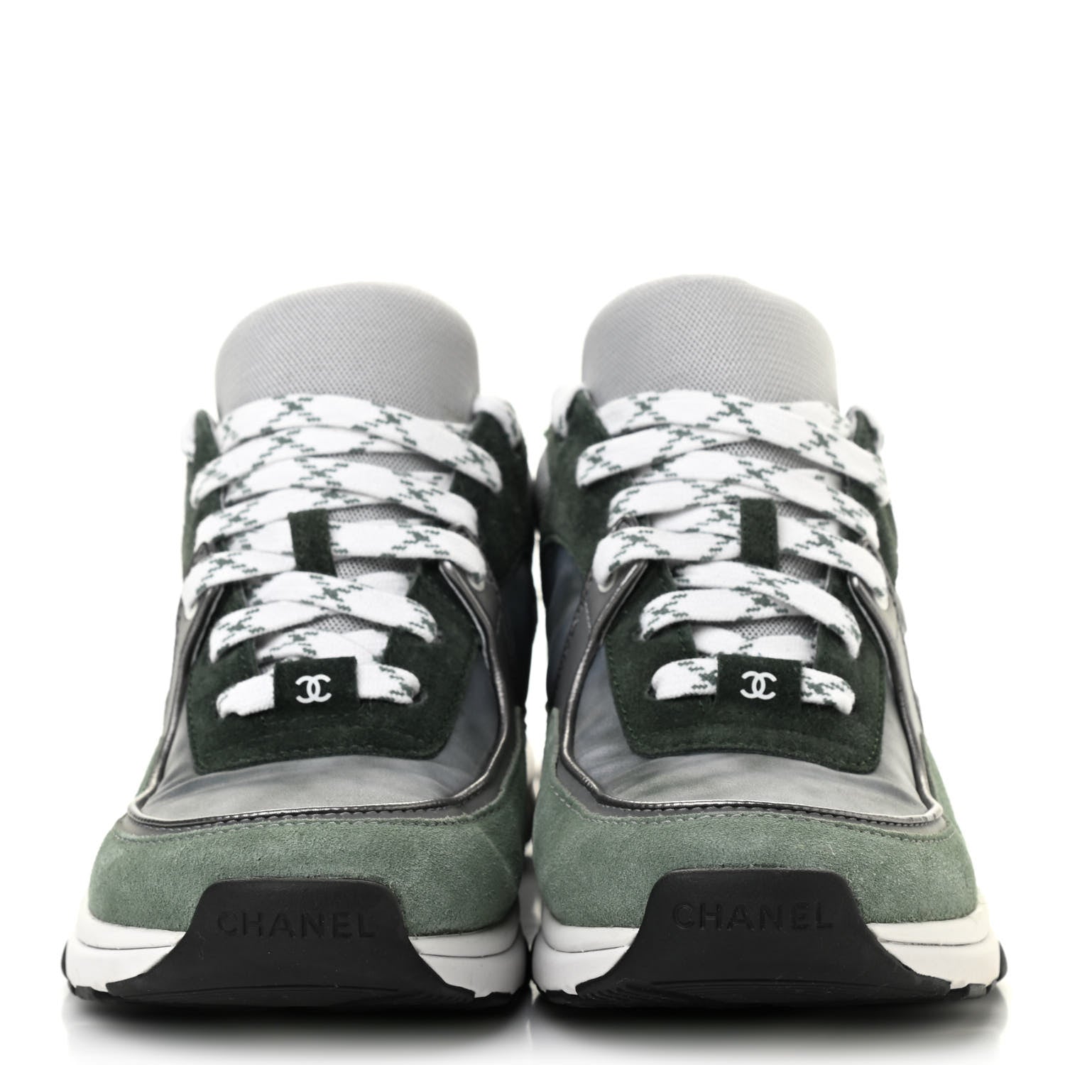 Chanel Nylon Lambskin Suede Calfskin CC Sneakers 38.5 Green Grey White 2 of 9