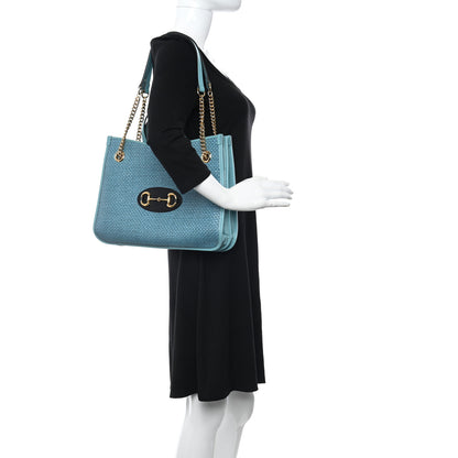 Gucci Straw Azalea Calfskin Medium Horsebit 1955 Tote Bag Dusty Azure Black 2 of 9