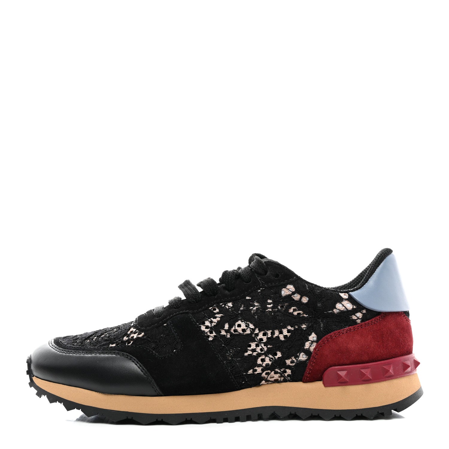 Valentino Garavani Calfskin Suede Macrame Lace Rockstud Sneakers 38.5 Black 1 of 9