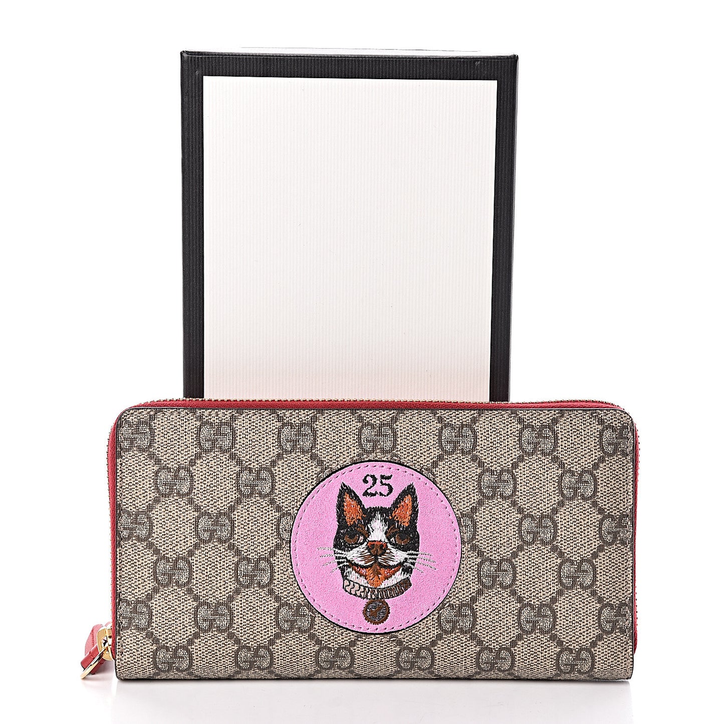 GG Supreme Monogram Bosco Patch Zip Around Wallet Beige Malva Hibiscus Red
