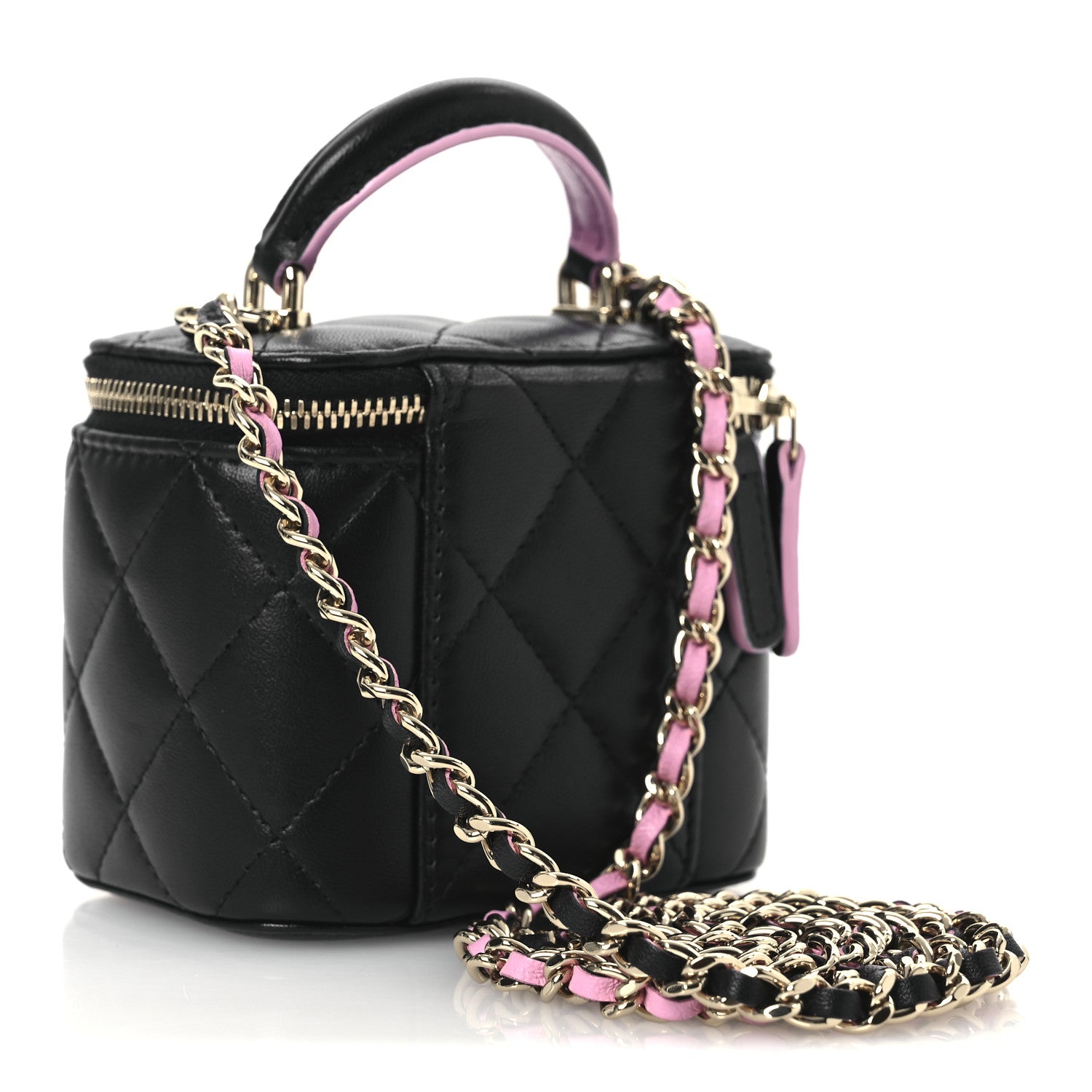 Chanel Lambskin Quilted Top Handle Mini Vanity Case With Chain Black Pink 3 of 11