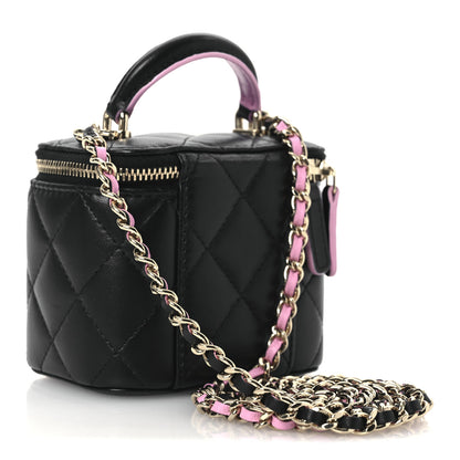 Chanel Lambskin Quilted Top Handle Mini Vanity Case With Chain Black Pink 3 of 11