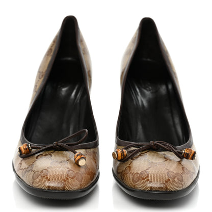 Gucci Crystal Monogram Bow Pumps 9 Beige Ebony Cocoa 2 of 10