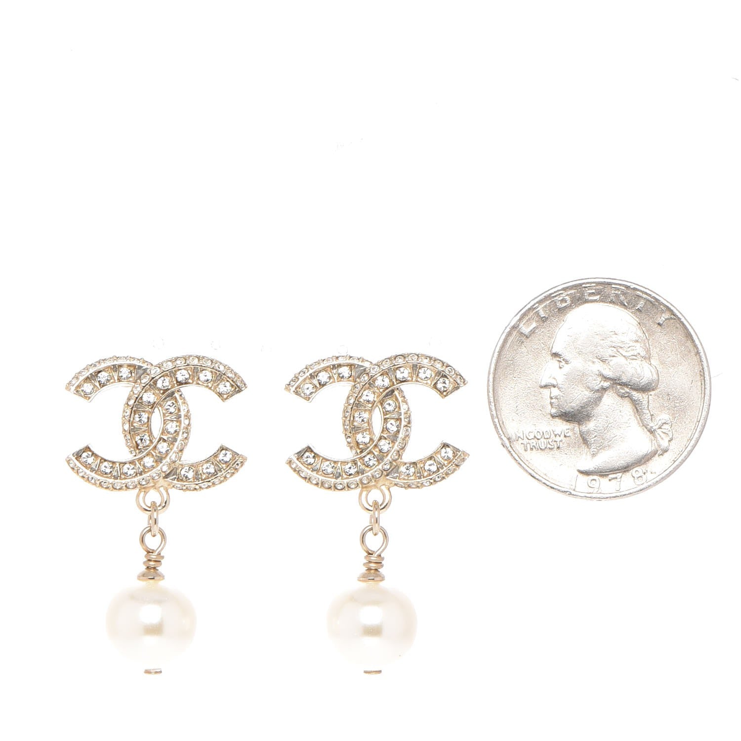 Chanel Crystal Pearl CC Drop Earrings Light Gold 2 of 5