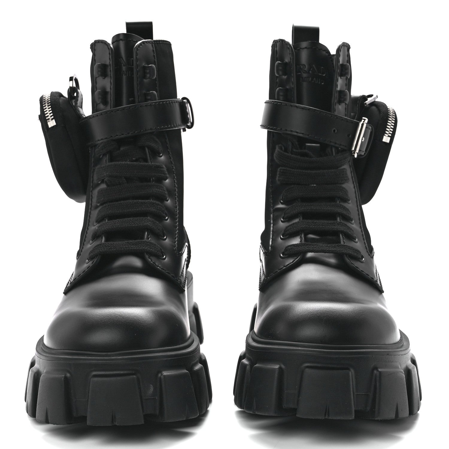Prada Spazzolato Rois Re-Nylon Metal Triangle Logo Mens Monolith Pouch Pocket 60mm Combat Boots 8.5 Black 2 of 9